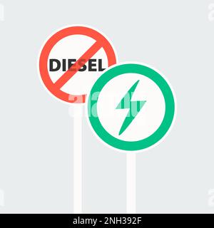 Straßenschild für Dieselfahrzeuge. Rot durchgestrichener Kreis. Verkehrszeichen mit Vorrang für Elektrofahrzeuge in einem grünen Kreis. Stock Vektor
