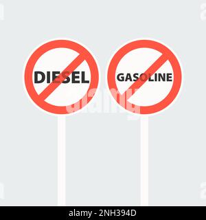 Straßenschild für Benzin- und Dieselfahrzeuge. Rot durchgestrichener Kreis. Stock Vektor
