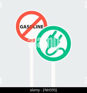 Straßenschild für Fahrzeuge mit Benzinmotor. Rot durchgestrichener Kreis. Straßenschild für eine Ladestation für Elektrofahrzeuge in einem grünen Kreis. Stock Vektor