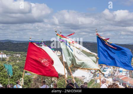 Andujar Provinz Jaen Spanien jährliche Romeria von La Virgen de la Cabeza. Flaggen und Banner, die von den verschiedenen Bruderschaften getragen werden, die von allen reisen Stockfoto