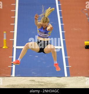 BIRMINGHAM, ENGLAND - 19. FEBRUAR: Lucy FELLOWS während des Long Jump beim britischen Leichtathletik Indoor Championships Day 2 in der utilita Arena, Birmingham, England Stockfoto