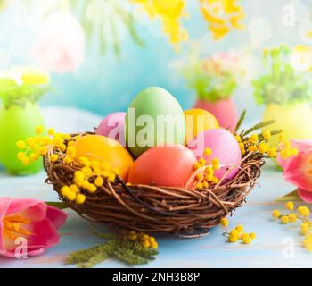Osterdekoration mit Frühlingsblumen und bunten gefärbten Eiern im Nest Stockfoto