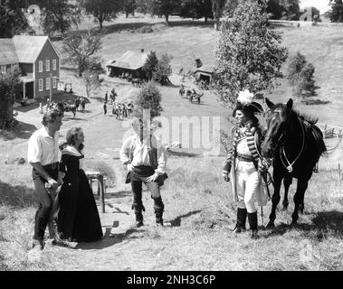 BURT LANCASTER JANETTE SCOTT KIRK DOUGLAS und LAURENCE OLIVIER am Drehort in Tring, Hertfordshire während der Dreharbeiten für DEN SCHÜLER des TEUFELS 1959 Regisseur GUY HAMILTON und (ohne Anrechnung) ALEXANDER MACKENDRICK nach dem Stück von George Bernard Shaw Drehbuch John Dighton und Roland Kibbee Musik Richard Rodney Bennett Filmgraf Jack Hildyard Kostüme Mary Grant UK-USA Produktion Co-Production-Produzenten Richard Rodney Bennett Lancaster Mary Lancaster Hecht-Lancaster / Brynaprod / United Artists Stockfoto