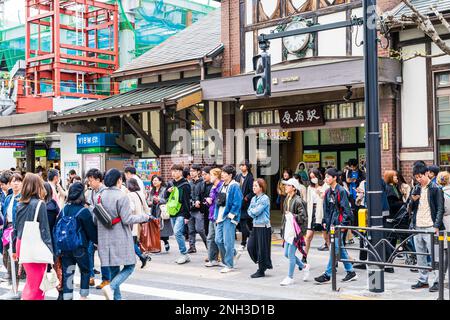 Tagsüber überqueren Menschen die Straße an der Fußgängerüberfahrt vor dem Eingang des Harajuku-Bahnhofs in Tokio. Komprimierte Perspektive. Stockfoto