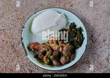 Kürbisblätter werden verwendet, um eine gesunde Mahlzeit in Südafrika zuzubereiten. Ökologischer Landbau ist in ländlichen Häusern auf dem Lande weit verbreitet Stockfoto