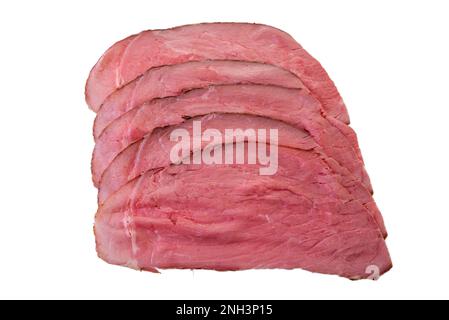 Dünne Scheiben Roastbeef, isoliert auf weiß, mit Schnittpfad, Draufsicht Stockfoto