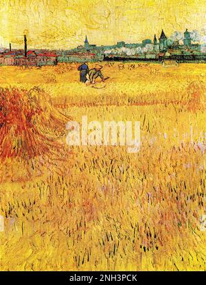 Vincent van Goghs Weizenfeld mit Blick auf Arles (1888) berühmtes Landschaftsgemälde. Original aus Wikimedia Commons. Stockfoto