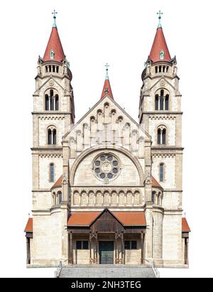 Die Fassade der Kirche des Heiligen Franziskus von Assisi (Österreich), isoliert auf weißem Hintergrund Stockfoto