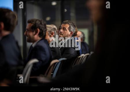 Gerald Darmanin auf einer von der rechten Partei Renaissance organisierten Konferenz zum Thema "Gemeinsamer Wert in Wirtschaft und Unternehmen" am 20. Februar 2023 in Paris, Frankreich. Foto: Eliot Blondet / ABACAPRES.COM Stockfoto