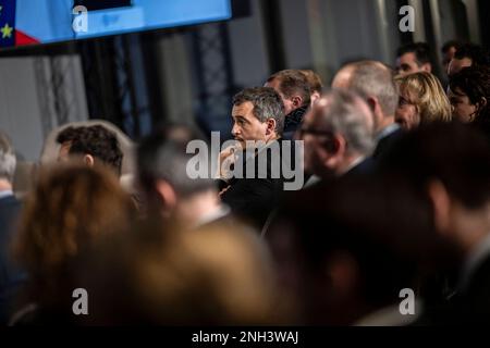 Gerald Darmanin auf einer von der rechten Partei Renaissance organisierten Konferenz zum Thema "Gemeinsamer Wert in Wirtschaft und Unternehmen" am 20. Februar 2023 in Paris, Frankreich. Foto: Eliot Blondet / ABACAPRES.COM Stockfoto