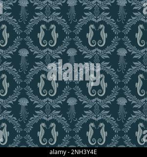 Seepferdchen und Quallen, nahtloses Muster. Elegante Meerestiere, Tapeten im Damaststil. Stock Vektor