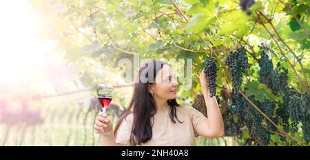 Wunderschöne Frau träumt von Rotwein und genießt den Sommeraufenthalt in Weinbergen an einem schönen sonnigen Tag. Eine Frau, die Rotwein trinkt. Erntesaison. Hochwertiges Foto Stockfoto