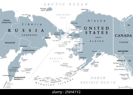 Russland und USA, Seegrenze, politische Karte. Chukchi-Halbinsel in Russland und Seward-Halbinsel in Alaska, getrennt durch Beringstraße. Stockfoto