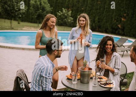 Eine Gruppe junger Erwachsener, die eine gemütliche Sommerparty mit Essen und Getränken im Hinterhof genießen Stockfoto