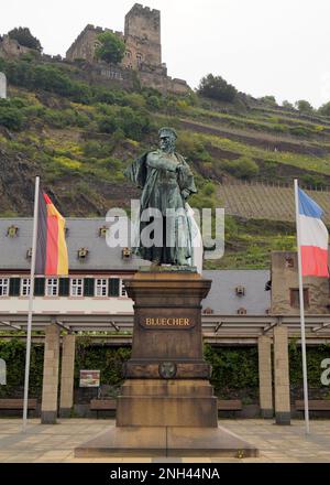 Statue des preußischen Feldmarschalls Gebhard Leberecht von Bluecher, Held der Napoleonischen Kriege im 19.. Jahrhundert, Kaub, Rheinland, Deutschland Stockfoto