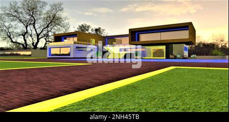 Gelb leuchtende Bordsteine des gepflasterten Fußwegs zum Swimmingpool des gemütlichen Landhauses bei Nacht. Alte leere Baumstruktur auf der Rücktaste. 3D-Rendering. Stockfoto