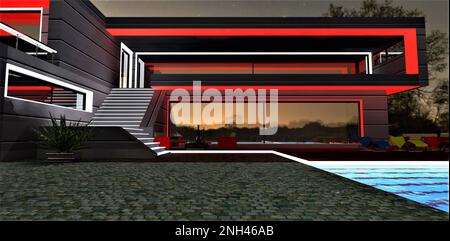 Rot leuchtende Fensterrahmen auf dem Balkon des modernen Landhauses bei Nacht. Weiß beleuchtete Stufen der Treppe. Natürlicher Granitpflaster ne Stockfoto
