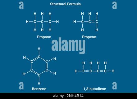 Vollständige Strukturformel: Propan, Propen, Benzol und 1,3-Butadien Stock Vektor