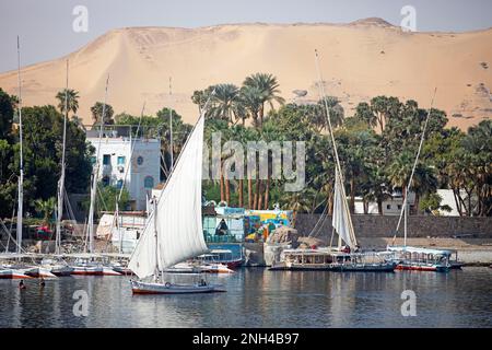 Felukken oder traditionelle Segelboote im Nil, hinter der nubischen Wüste, Assuan, Ägypten Stockfoto