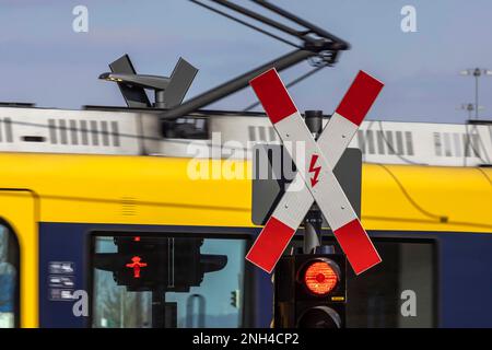 Unbeschränkter Bahnübergang, St. Andrews kreuzt mit Warnlicht und einer Pegelbahn OeNVP, Leinfelden-Echterdingen, Baden-Württemberg Stockfoto