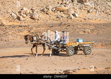 Ägyptische Männer auf einem Pferdewagen in der nubischen Wüste, Wadi Al-Sebua, Assuan, Ägypten Stockfoto