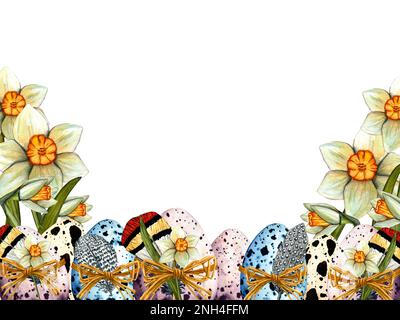 Aquarell grenzt an ostern mit Narzissen und farbigen Eiern. Von Hand gezeichnete Darstellung mit Feder isoliert auf weißem Hintergrund Stockfoto