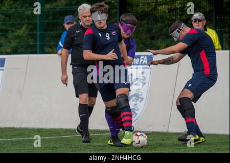 Hereford, England, 18. September 2021. Das Spiel der National Blind Football League, Tag 2, gespielt an Punkt 4, Hereford. Kredit: Will Cheshire Stockfoto