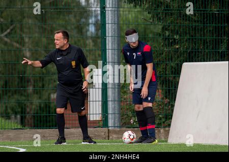 Hereford, England, 18. September 2021. Das Spiel der National Blind Football League, Tag 2, gespielt an Punkt 4, Hereford. Kredit: Will Cheshire Stockfoto