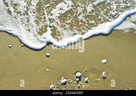 Meeresschaum und weiße Kieselsteine unterschiedlicher Größe auf dem nassen Sand am Ufer des Ligurischen Meeres bei Pisa in Italien. Selektiver Fokus Stockfoto