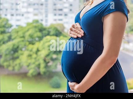 Schwangere Frau, die ihren Bauch vor einem Stadtbild hält Stockfoto