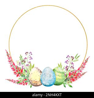 Osterblütenkranz mit goldenem rundem Rahmen, mit roten Blumen, Zweigen, Blättern und Eiern. Blumenstrauß, Aquarell-Illustration. Stockfoto