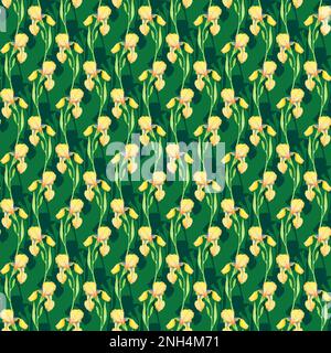 Gelbe Iris, nahtloses Muster, Aquarell-Illustrationsblumen. Handzeichnen zum Bedrucken von Stoffen, Dekorationen, Tapeten, Geschenkpapier Stockfoto