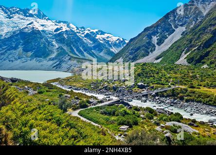 Spektakulärer Blick auf den Aoraki Mount Cook im Südwesten von South Island in Neuseeland, Ozeanien, eines der beliebtesten Reiseziele in Neuseeland. Stockfoto