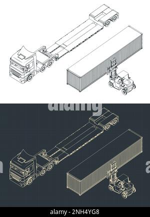 Isometrische Darstellung des Lkws mit Tieflader, Gabelstapler und Container Stock Vektor