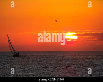 Beobachten Sie die Segelboote vom Mallory Square in Key West Florida, während die Sonne über dem Ozean untergeht. Stockfoto