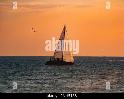 Beobachten Sie die Segelboote vom Mallory Square in Key West Florida, während die Sonne über dem Ozean untergeht. Stockfoto