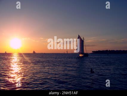 Beobachten Sie die Segelboote vom Mallory Square in Key West Florida, während die Sonne über dem Ozean untergeht. Stockfoto