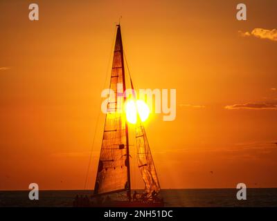 Beobachten Sie die Segelboote vom Mallory Square in Key West Florida, während die Sonne über dem Ozean untergeht. Stockfoto