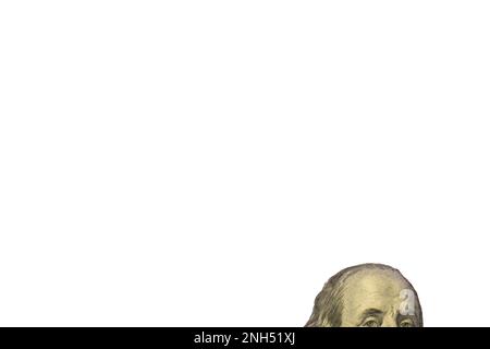 Isolierte Ben Franklin-Gesichtsaugen, Stirn, von einem Hundert-Dollar-Schein USD, isoliert auf weißem Hintergrund mit Abschneidepfad Stockfoto