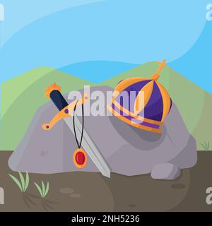 Mittelalterliches Schwert mit Kette und Krone auf Steinvektor Stock Vektor