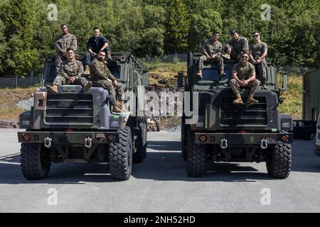 USA Marines mit Kampflogistik-Bataillon 453, 4. Marine Logistics Group, Marine Forces Reserve, posieren für ein Gruppenfoto auf zwei mitteltaktischen Ersatzfahrzeugen, die dem Marine Corps Prepositioning Program-Norway in Trondheim, Norwegen, zugewiesen wurden, 20. Juni 2022. Reserve Marines mit CLB-453 absolvierten ihre jährliche Schulung, indem sie nach Norwegen reisten, um vorbeugende Wartungsarbeiten an den Fahrzeugen und Ausrüstungen durchzuführen, die derzeit mit dem Maritime Prepositioning Program-Norway vorpositioniert sind. Stockfoto