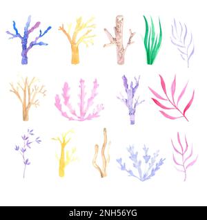 Handbemalte Aquarelle von Algen und Korallen in Gelb, Blau und Violett für das Produktdesign Stockfoto