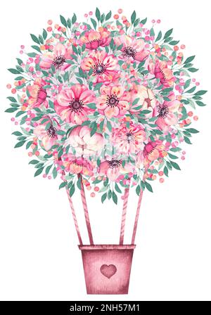 Wasserfarbener Heißluftballon aus Anemonblumen für Dekorationsverpackungen, Kinderkleidung, Weihnachtsgeschenke, bedruckte Stoffe, Einladungen, Digital Stockfoto