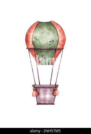 Wasserfarbener Heißluftballon auf weißem Hintergrund für Postkartendesign, Muster, Aufkleber, Sammelpapier, Textilindustrie, Web-Design, soziale Netzwerke Stockfoto