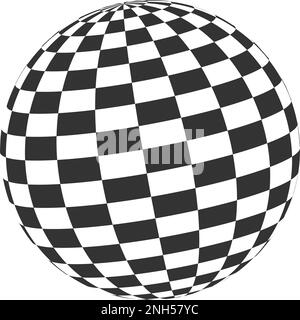 Karierter Globus. 3D Kugelsymbol. Orbitamodell, sphärische Form. Ball mit schwarz-weißem, gequetschtem Muster. Schachbrettfigur. Optische Täuschung Stock Vektor