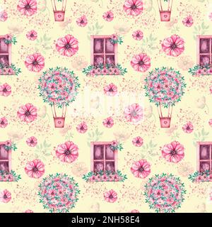 Aquarellmuster mit Fenster, Heißluftballon, Anemonen. Muster für Dekorationsverpackungen, Kinderkleidung, Weihnachtsgeschenke, bedruckte Stoffe, Einladung Stockfoto