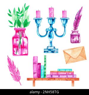 Aquarell mit Büchern auf weißem Hintergrund. Vase mit Pflanzen, Kerzenhalter, Regal, Bücher, Tinte, Stift. Stockfoto