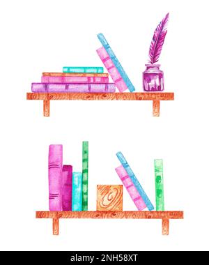 Aquarell mit Büchern auf weißem Hintergrund. Regal, Bücher, Tinte, Stift. Stockfoto
