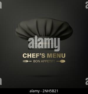 Vector Banner mit 3D Realistic Black Chef Cap, Toque auf schwarzem Hintergrund. Cook, Baker Chef Cap Designvorlage. Bäckerei, Restaurant, Küchenuniform Stock Vektor