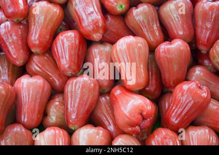 Nahaufnahme eines Stapels Rosenäpfel zum Verkauf an einem Marktstand. Stockfoto
